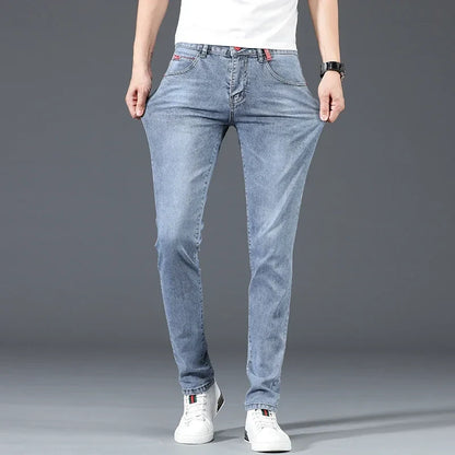 2024 New Men's Cotton Business Casual Skinny Jeans Trendy Fashionable Stretch Straight Slim Denim Trousers Male Blue Grey