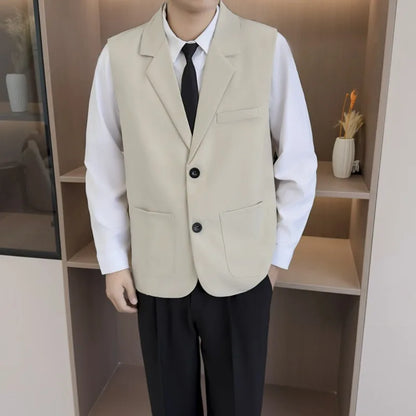 Summer Suit Vest Turn Down Collar Single-breasted Male Waist Sleeveless Pocket Versatile Business Casual Man Coat