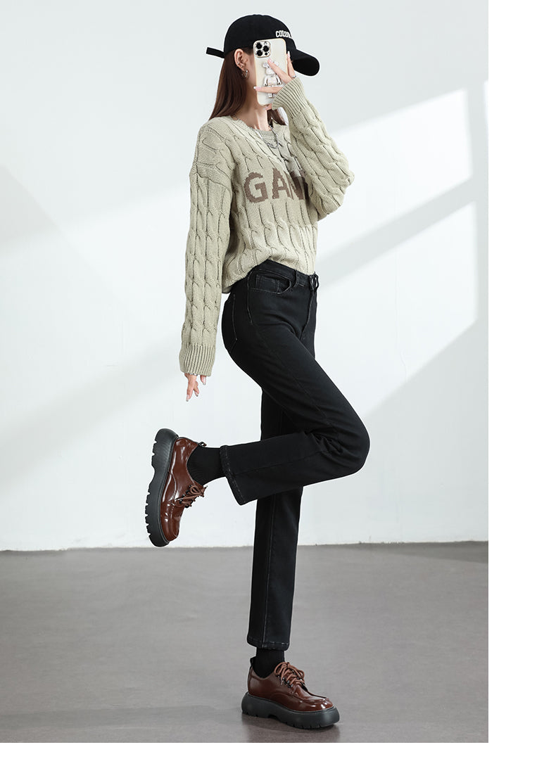 Women's Winter Fleece Warm Jeans Retro Slim Straight Elastic Cotton Thickened Warm Denim Pants Fashion Female Clothing