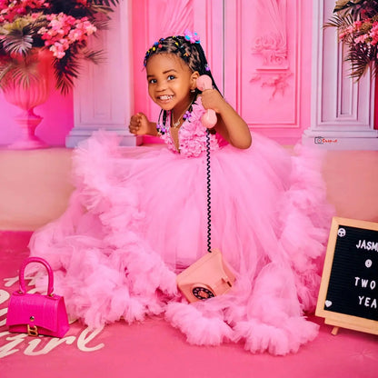 Luxury Pink Kids Birthday Dresses Beading Ruffles Flower Girl Dresses for Wedding Baby Girls Prom for Photoshoot
