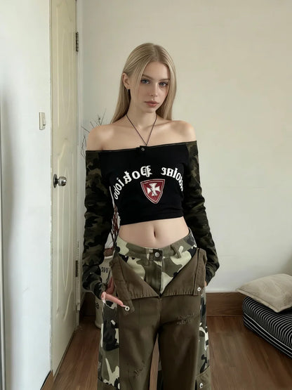 Women Brown Camouflage Patchwork Ripped Cargo Jeans Harajuku Vintage Baggy Denim Trousers Japanese 2000s Y2k Ripped Jeans Pants