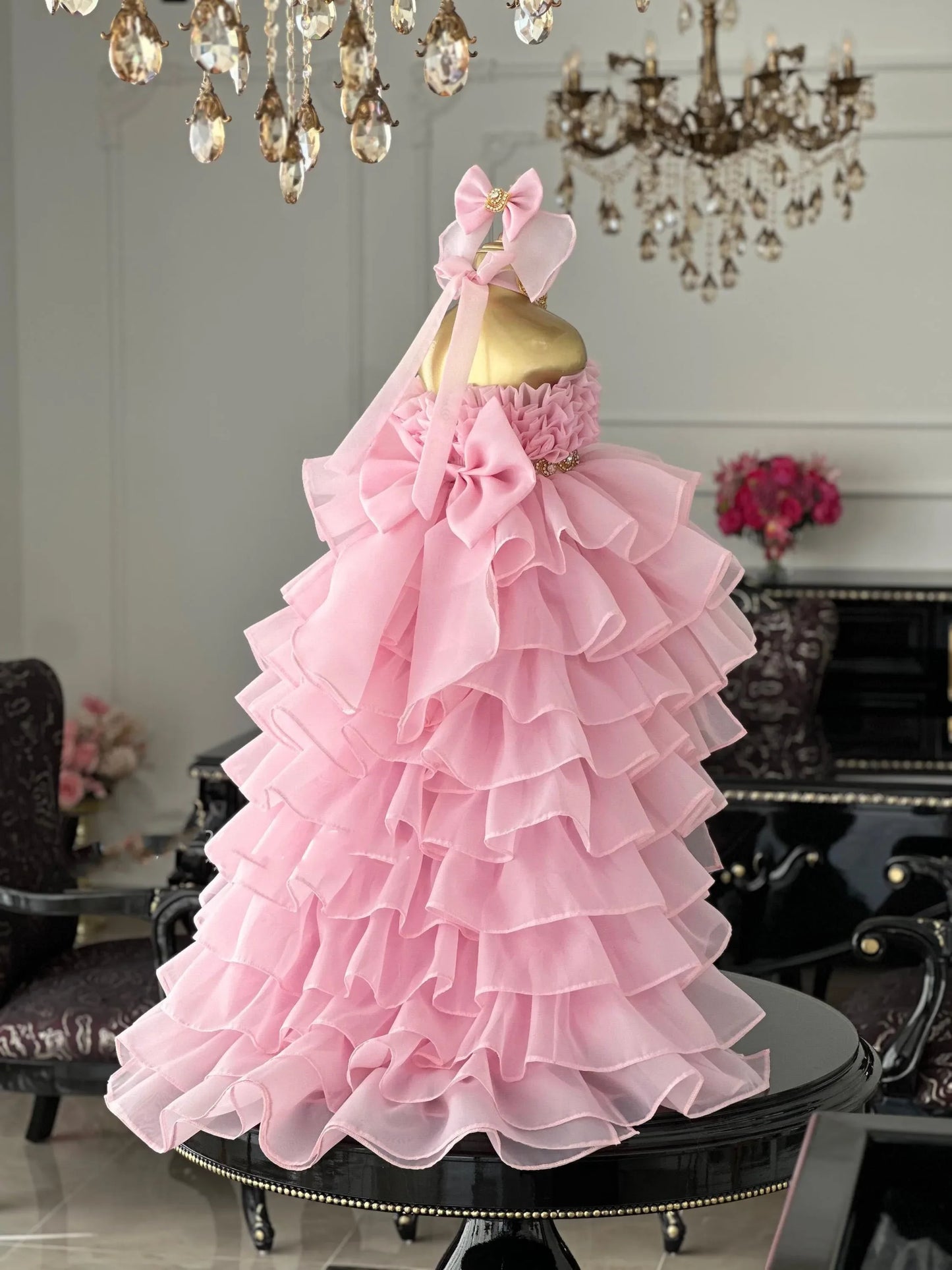White Tulle Beading Ruffles with Bow Princess Flower Girl Dress For Wedding Kids Birthday Party First Communion Ball Gown Custom