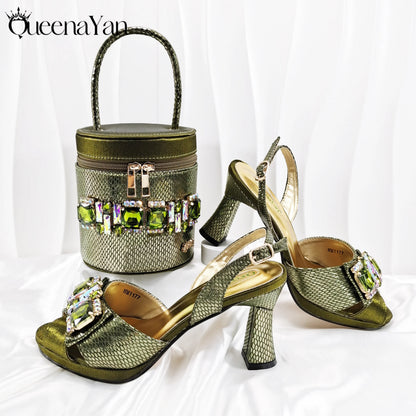 Nigerian-Inspired Rhinestone High Heels With Colourful Bucket Bag Fashionable Womens Footwear And Accessories Set
