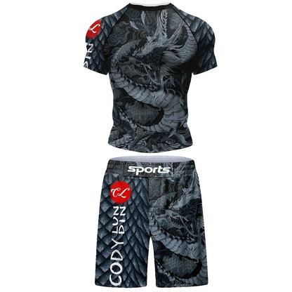 Popular Beach Surf Wear Short Sets For jiu jitsu Bjj No Gi Rashguard+Grappling Shorts Cool Westling stretchy Running Gym Clothes