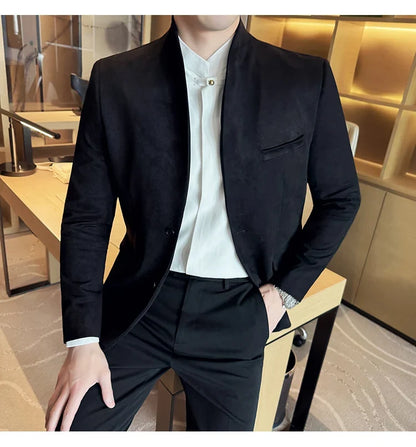 High Quality Cowhide Suede Suit Coats Men Fashion Slim Fit Stand Up Collar Business Casual Jacket Formal Groom Social Tuxedos