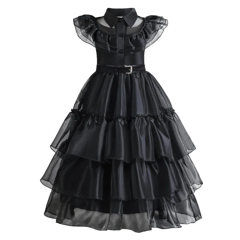 2026 Halloween Festival Popular Black Dress Girls Cosplay Short Sleeve Ruffles Clothing With Belt + Accessories Set Gift