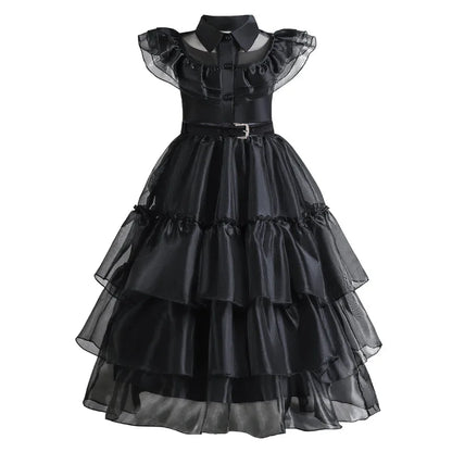 2026 Halloween Festival Popular Black Dress Girls Cosplay Short Sleeve Ruffles Clothing With Belt + Accessories Set Gift