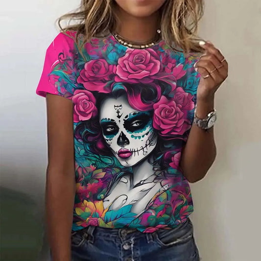 Women's T-shirt for Girls Short Sleeve Casual Sexy Girls Clothes Summer Day of the Dead Undead Skull Pattern oversized T-shirts