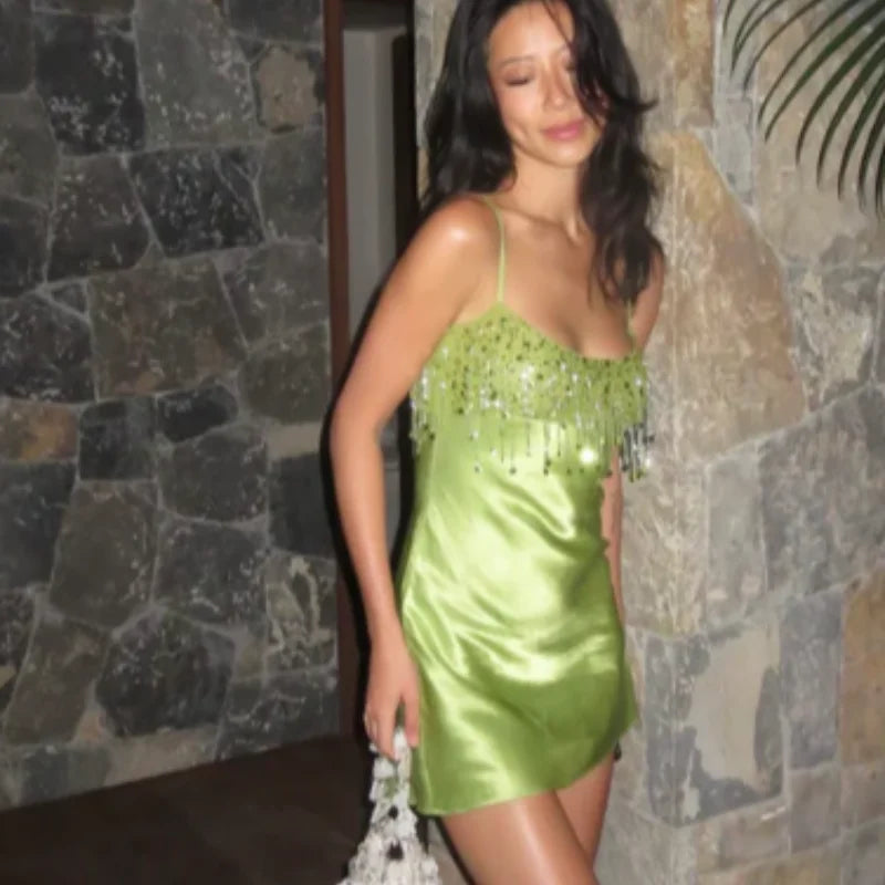 High End Sequin Tassel Satin Dress Women's Elegant Straps Low Neck Mini Vistidos 2026 Stylish Back Zipper Beach Party Gown