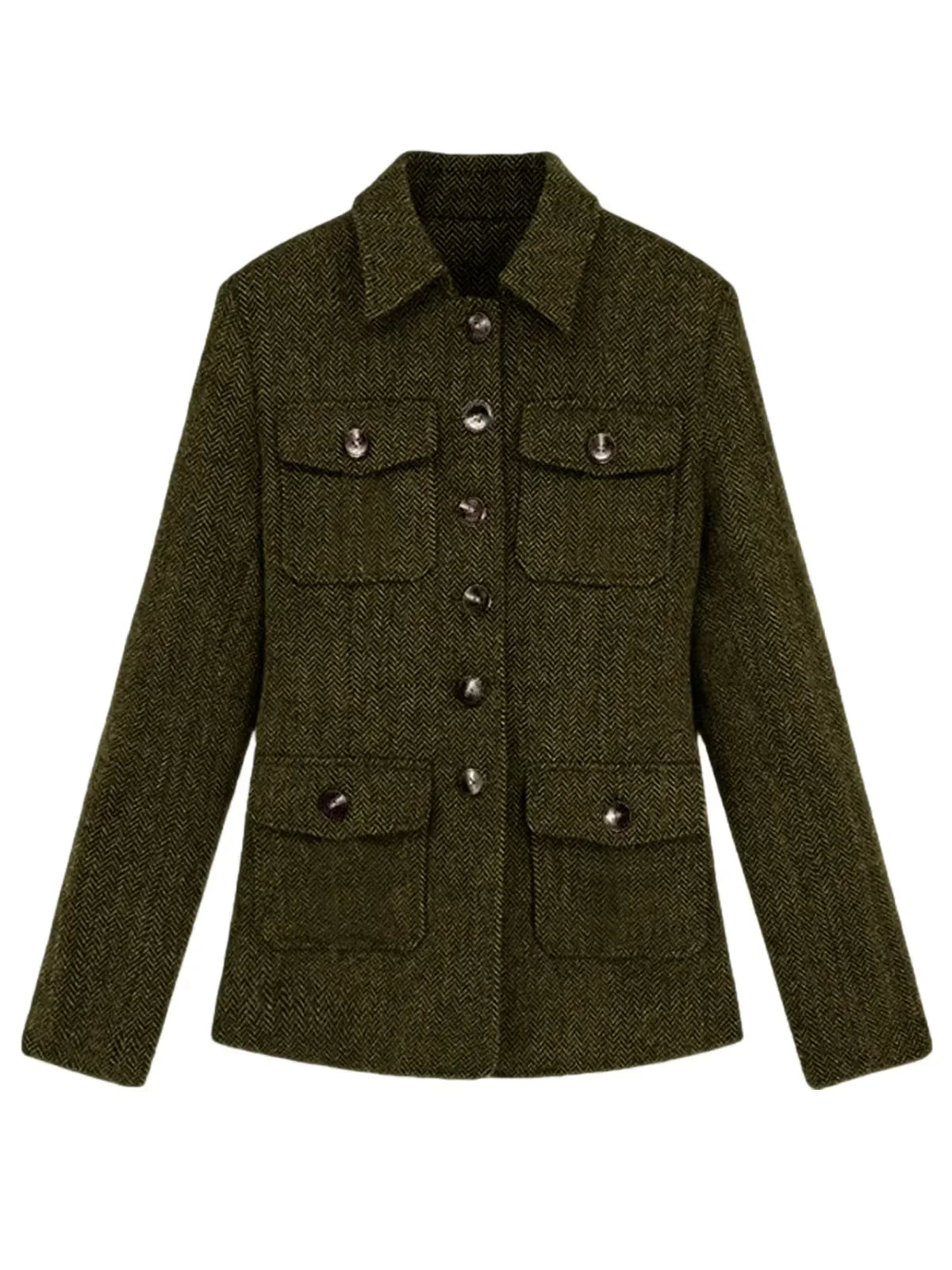 Men's Herringbone Wool Blend Blazer Jacket Notch Collar Utility Multi-Pocket Casual Overcoat For Spring Autumn