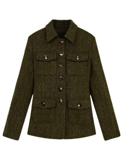 Men's Herringbone Wool Blend Blazer Jacket Notch Collar Utility Multi-Pocket Casual Overcoat For Spring Autumn