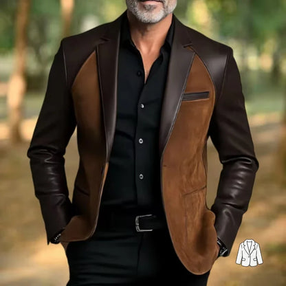 Retro Men's Faux Suede Jacket with PU Leather Collar & Shoulder 2 Buttons Two-Tone Blazer Contrast Trim Coat