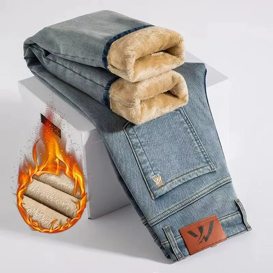 Winter Fleecy Thickened Warm Jeans Vintage Brand Classic Retro Youth Fashion Men Fit Straight Leg Casual Stretch Denim Pants