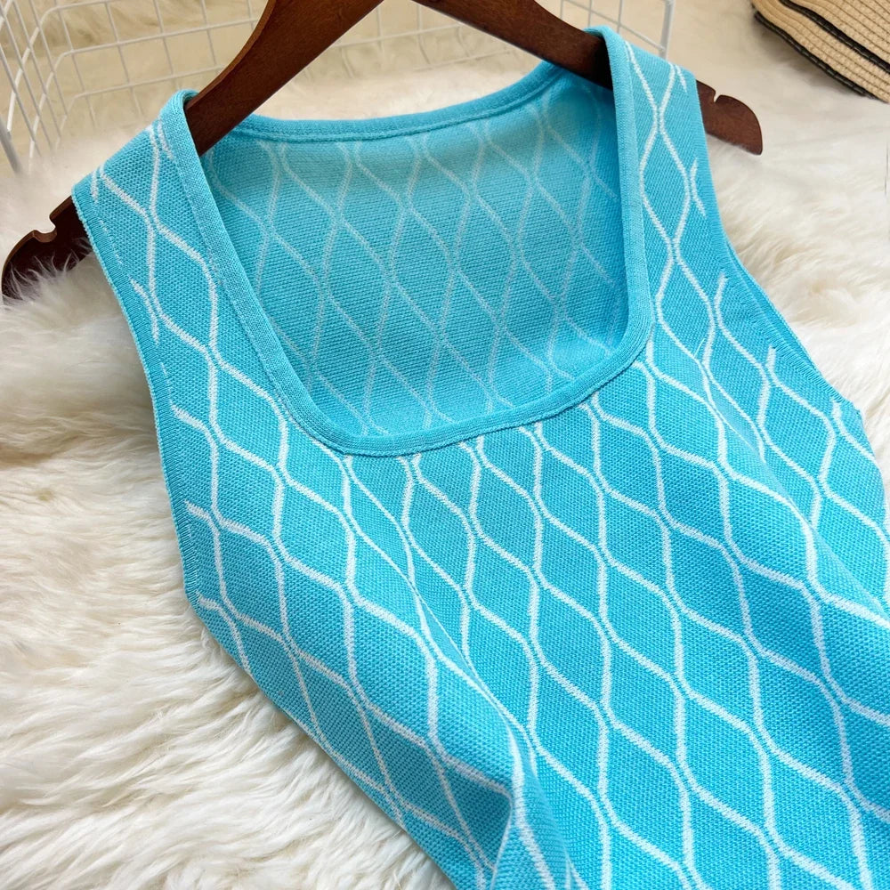 Brand Fashion A-line Short Women Dress Elegant Y2K Geometric Knitted Summer Dress Female Harajuku Black Party Vestidos