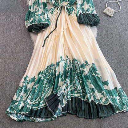 Ele Printed round Ne Lantern Sve Dr Women's Single Button Waist Cinch Maxi Skirt Long Dr Commute Sle Autumn