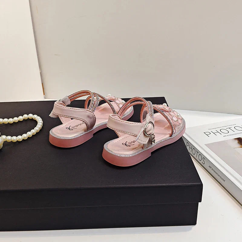 Girls Princess Sandals Children Summer Beach Shoes Soft Bottom Anti-slippery Fashion Kids Flowers Rhinestone Sandals Size 23-36