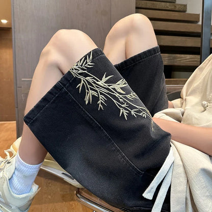 2025 Mens New Chinese Style Denim Shorts Summer Bamboo Embroidery Casual Five Inch Shorts Couple Streetwear Vintage Loose Fit Hi