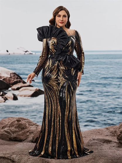 Plus Size Luxury Ruffled Sequins Evening Dresses Elegant Long Sleeve Mermaid Formal Wedding Party Cocktail Gowns