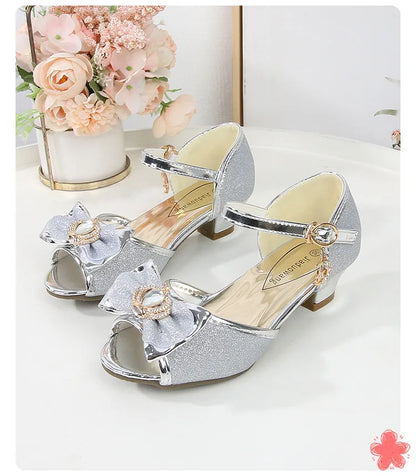 Girls Princess Sandals Summer Open-toe Elegant Children High Heels Fashion Sequins Crown Kids Causal Glitter Wedding Dress Shoes
