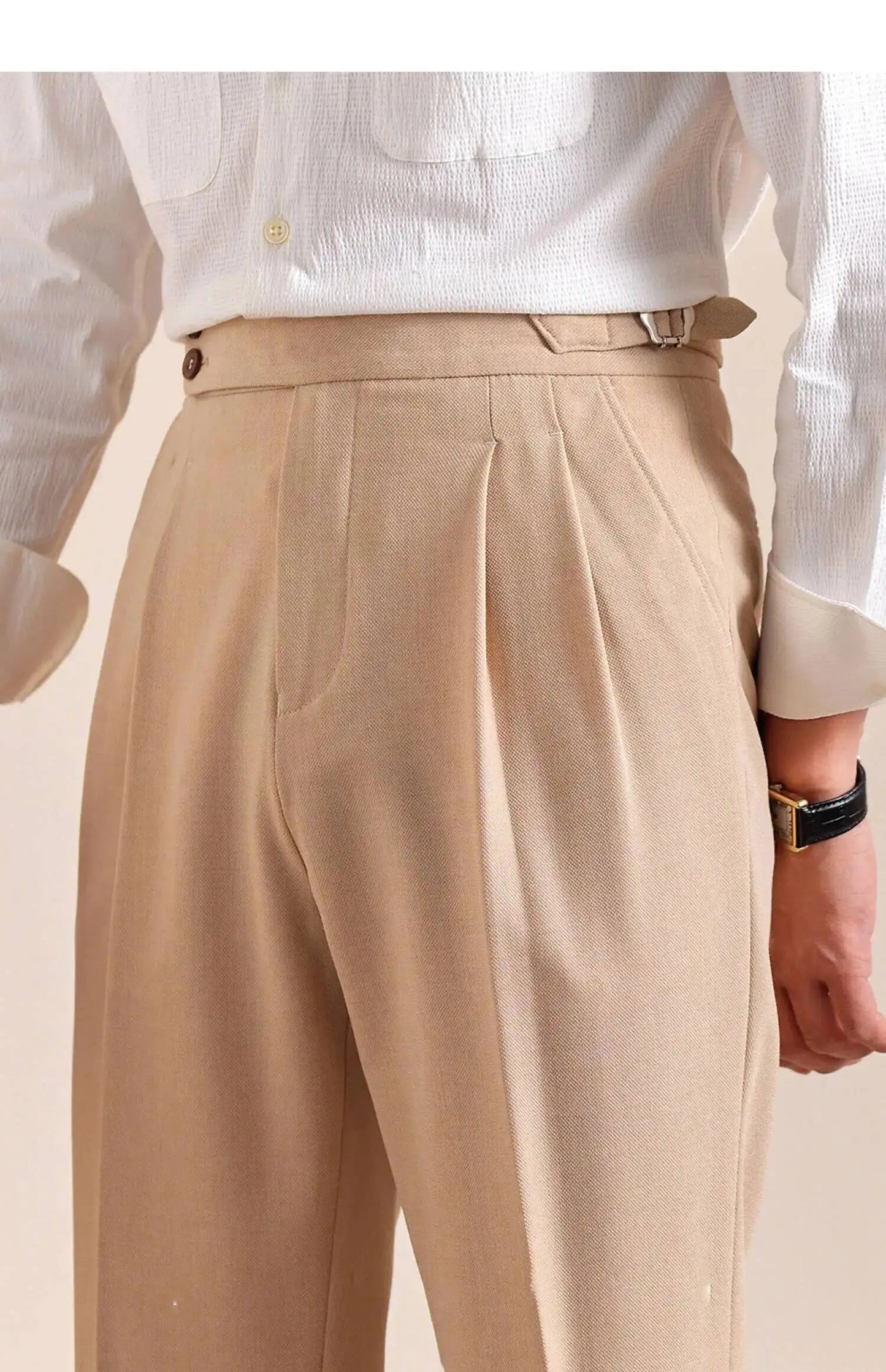 2025 New Italian Style Double Pleated Neapolitan Mens Formal Pants Casual Business Straight Leg High Waist Office Trousers Men