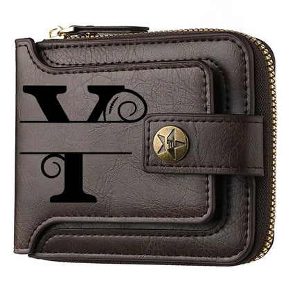 Men's Custom Wallet - Personalized Artificial Leather Men's Engraved Name and Letter Wallet, Father's Day Dad Gift, Brown