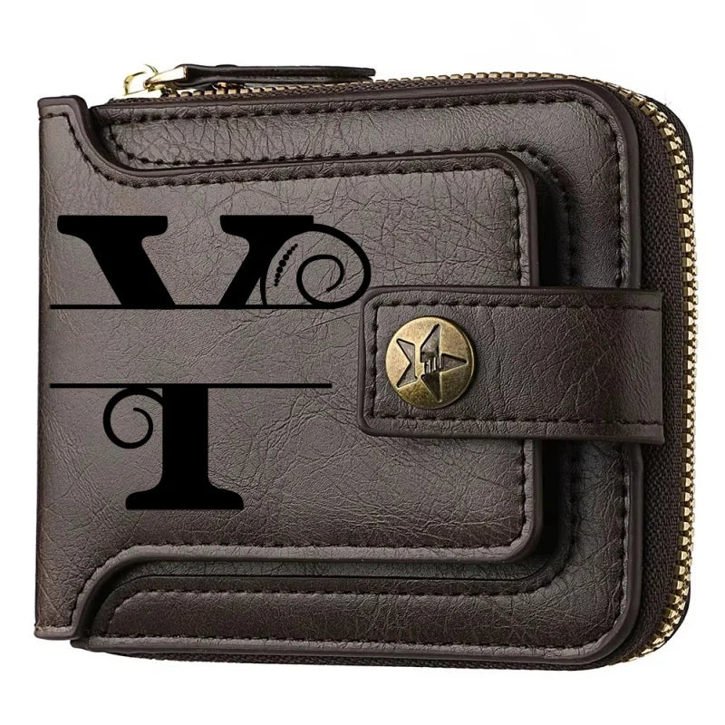 Portefeuille court en cuir PU personnalisé avec chaîne pour homme, portefeuille bifold marron élégant avec nom et texte gravés pour la Saint-Valentin et les anniversaires