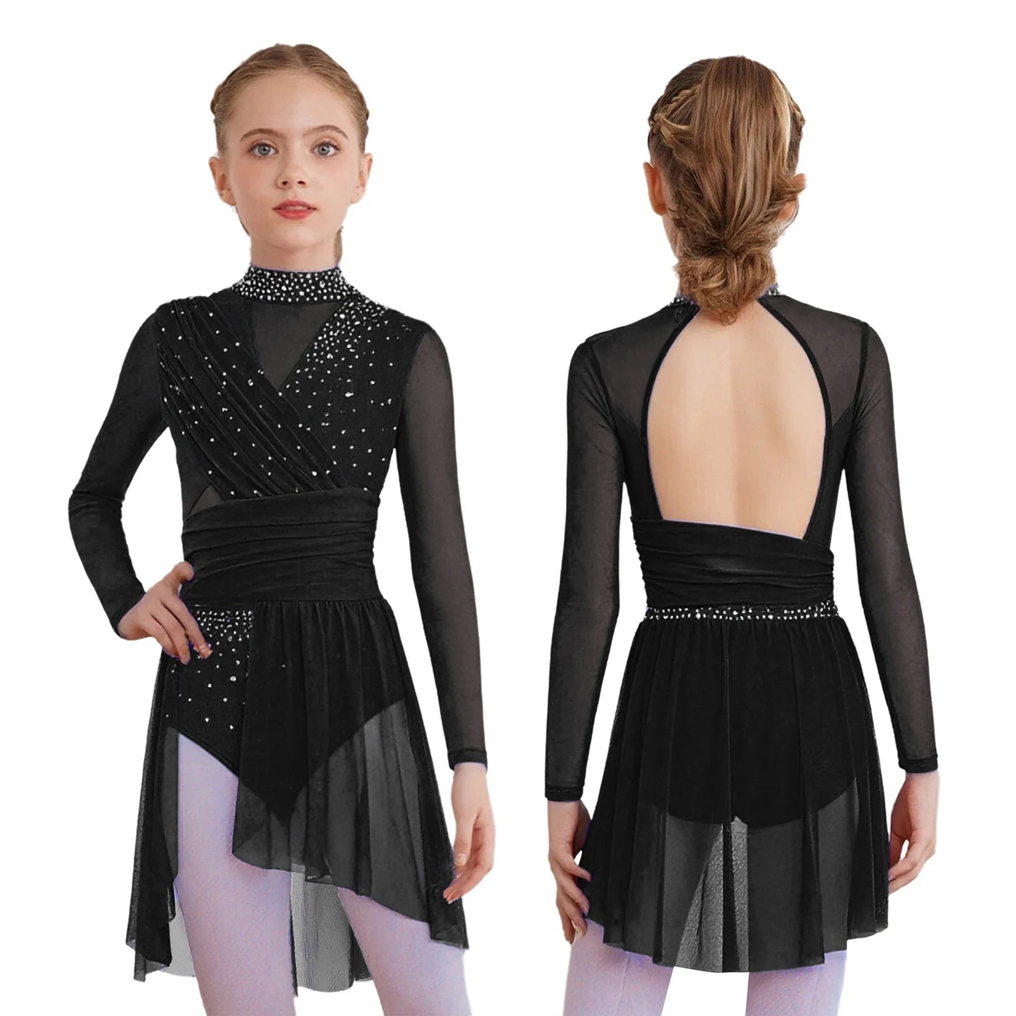 Kids Girls Gymnastics Figure Skating Ballet Lyrical Dance Costume Dress Side Split Sheer Mesh Ruched Glittery Rhinestones Dress