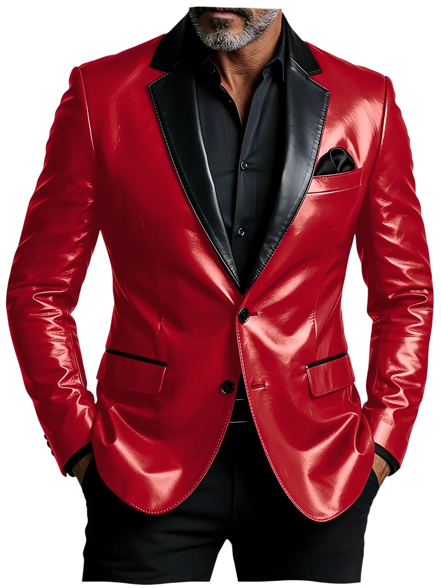 Men's Shiny Patent Leather Blazer Contrast Notch Lapel Two Button Suit Jacket Luxury Casual Business Formal Coat Party Wedding