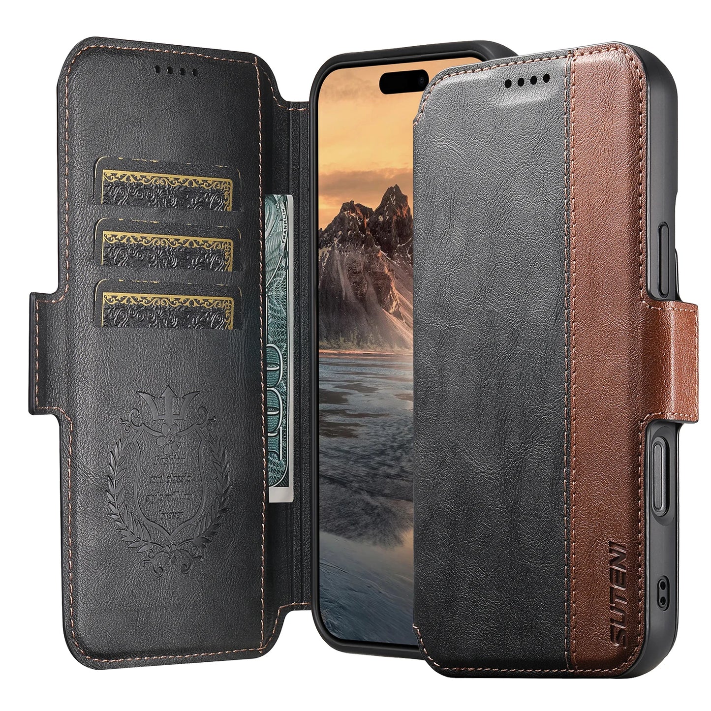 Faux Leather Wireless Charging Card Holder Stand Wallet Magnetic Flip Cover Phone Case For iPhone 16 Pro Max 15 Plus 14