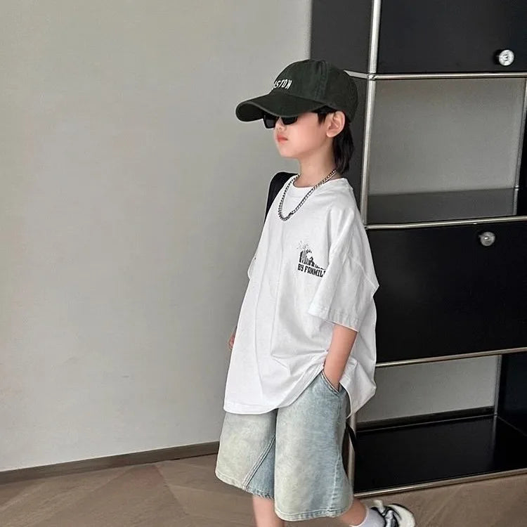 Black Graffiti Letters Pure Cotton Short Sleeve T-Shirt for Tween Boys Loose Fit Summer Youthful Wear Kids Outerwear Clothing
