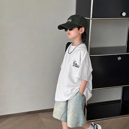 Black Graffiti Letters Pure Cotton Short Sleeve T-Shirt for Tween Boys Loose Fit Summer Youthful Wear Kids Outerwear Clothing