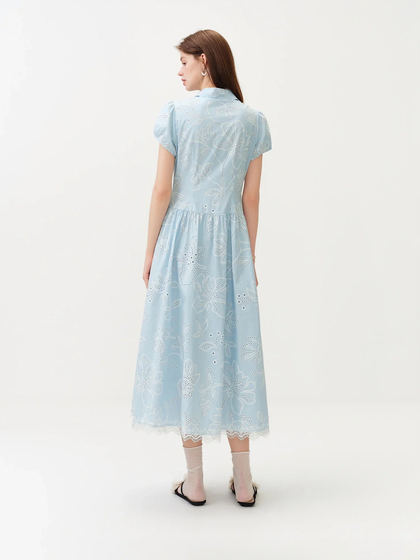 Women's Light French Style Cotton Lapel Hollow-out Print Waist-Fitted Short Sleeve Shirt Dress 2026 Summer New Arrival