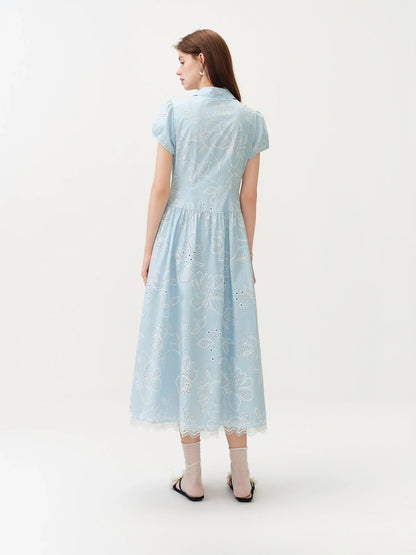 Women's Light French Style Cotton Lapel Hollow-out Print Waist-Fitted Short Sleeve Shirt Dress 2026 Summer New Arrival