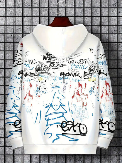 Fashionable men's autumn personalized letter graffiti print soft and comfortable hooded sweatshirt outdoor urban high street to