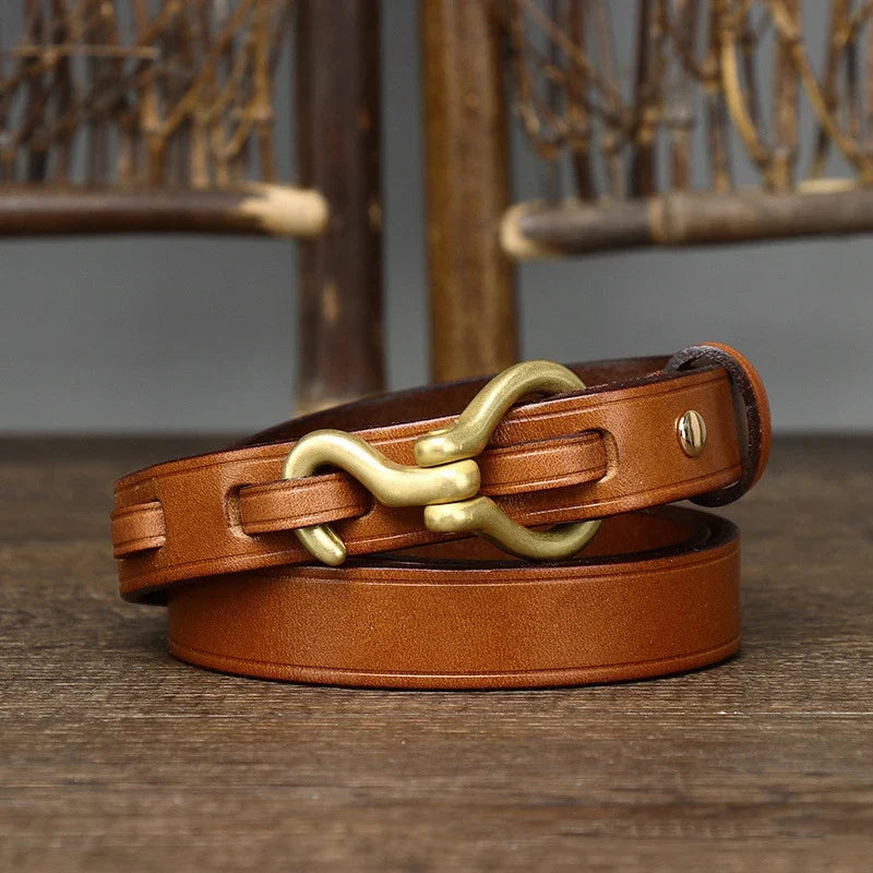 2.0 CM Ladies Pure Cowhide High Quality Genuine Leather Hook Belts for Women Brand Strap Brass Buckle Jeans Cowboy Thin Belt