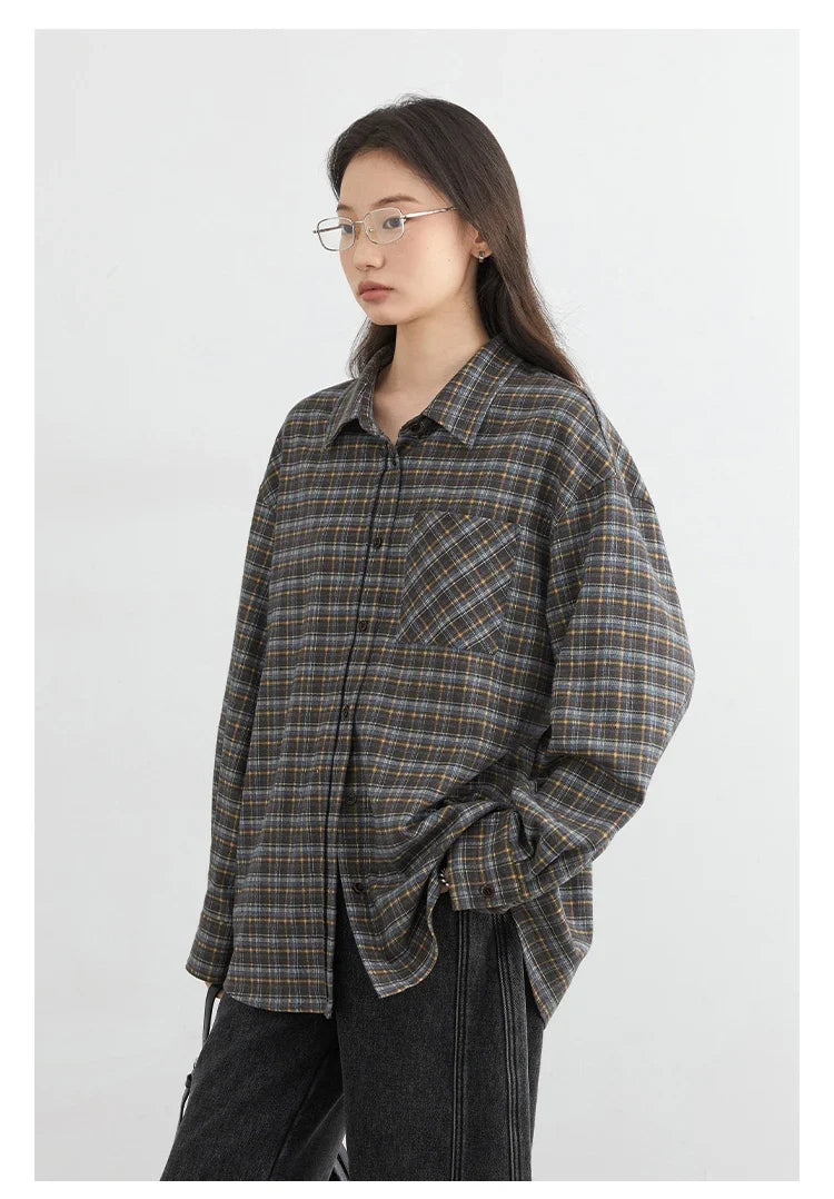 New Women Shirt Loose Casual Long Sleeved Vintage Thick Sanding Female Plaid Blouses Single-breasted Autumn Winter 2026