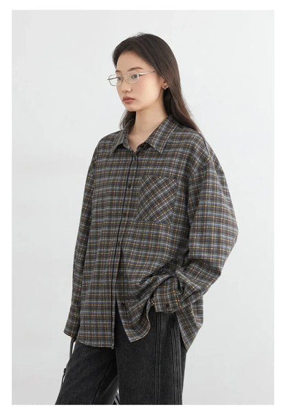 New Women Shirt Loose Casual Long Sleeved Vintage Thick Sanding Female Plaid Blouses Single-breasted Autumn Winter 2026