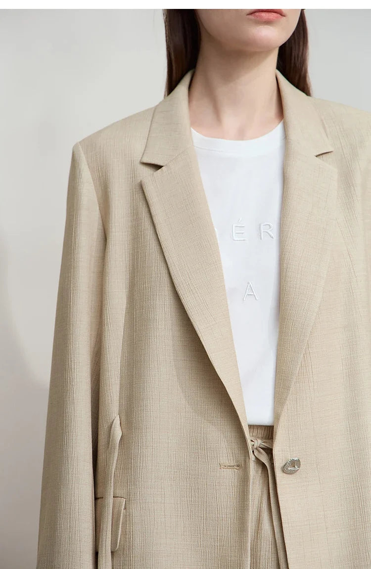 Office Lady Solid Blazers 2025 Autumn New Long Sleeves Loose Coat Notched Business Jacket Belt Women's Clothing 12543025