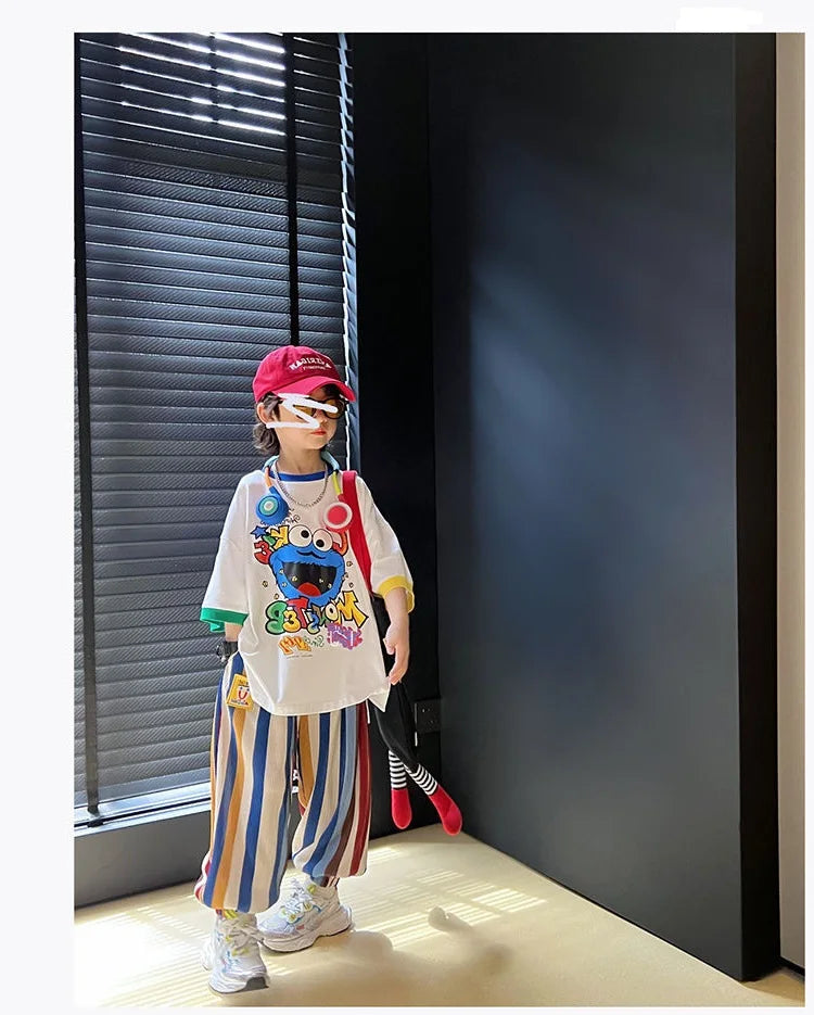 Summer Boys Cotton Contrast Cartoon T-Shirt Tops+Loose Colored Stripes Pant Set School Kids Tracksuit Child 2PCS Outfit 5-16 Yrs