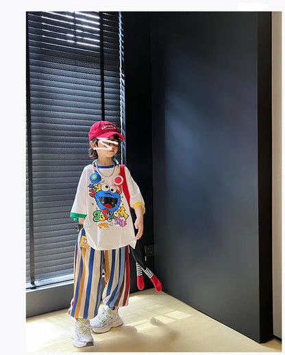 Summer Boys Cotton Contrast Cartoon T-Shirt Tops+Loose Colored Stripes Pant Set School Kids Tracksuit Child 2PCS Outfit 5-16 Yrs