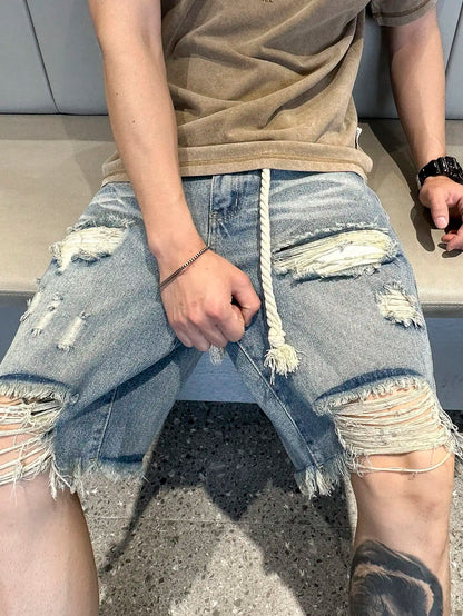 Men Summer Stretchy Denim Shorts Jeans for Men Streetwear Style Ripped Denim Shorts with High Stretch Knee Baggy Comfort Pants