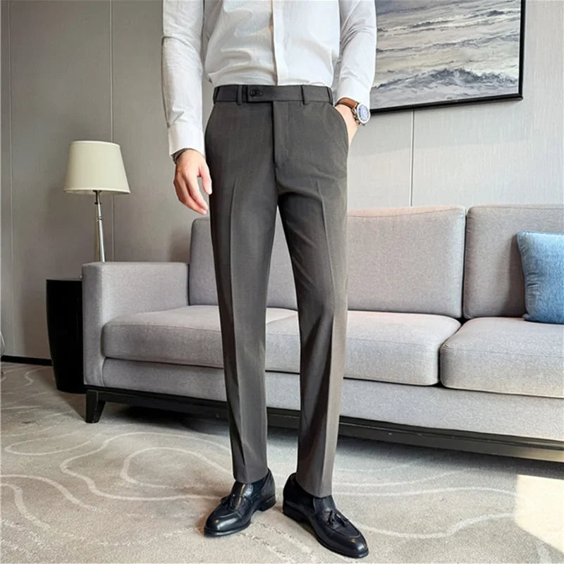 Autumn Winter Thicken Elastic Waist Casual Suit Pants High Quality Men Woven Dark Striped Slim Fit Office Social Dress Trousers