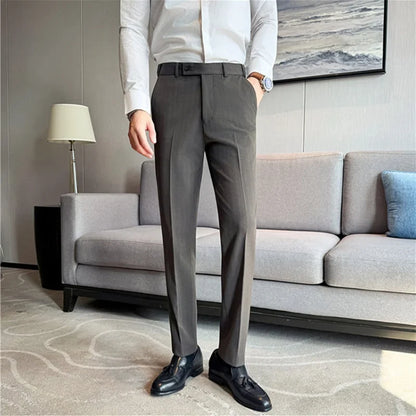 Autumn Winter Thicken Elastic Waist Casual Suit Pants High Quality Men Woven Dark Striped Slim Fit Office Social Dress Trousers