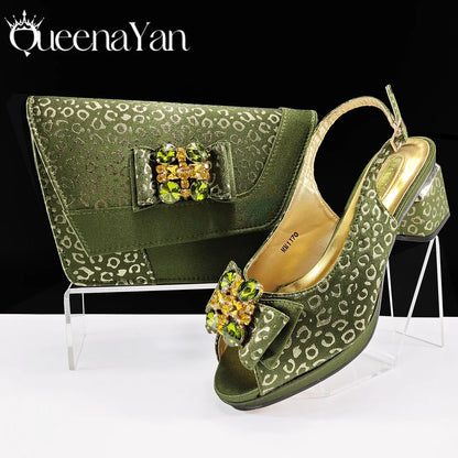 Queena Yan  2025 Shiny Italian Fashion Pointed Toe Women Heel Fashion Rhinestone Decoration Pink Color Shoes And Bag Set