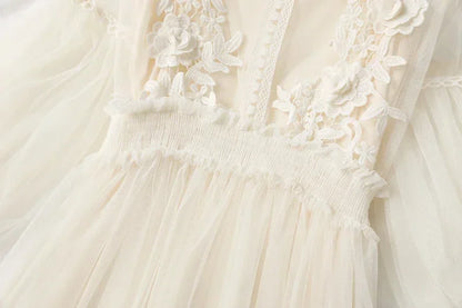 Lace Flower Mesh Summer Dress Women Lantern Sleeve White Casual Dresses Female Party Vintage Slim Women Dress 2 Piece Sets 12041