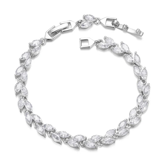 Bracelet classique feuille d'olivier étincelant en oxyde de zirconium plaqué or blanc, bracelets en or pour femmes, bijoux fantaisie YIB069
