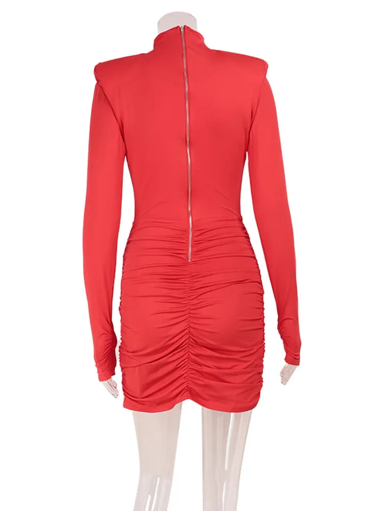 Eelgant Fashion Dresses For Women Solid Zipper Sheath Pleated Hollow Out Regular Long Sleeves Turtleneck Shoulder Pad