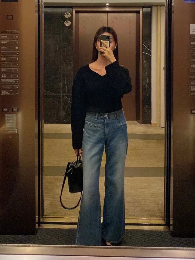 Retro High Waist Slim Fit Blue Jeans Women's Autumn Winter Straight Leg Long Pants Wide Leg Pants Classic Waed Denim