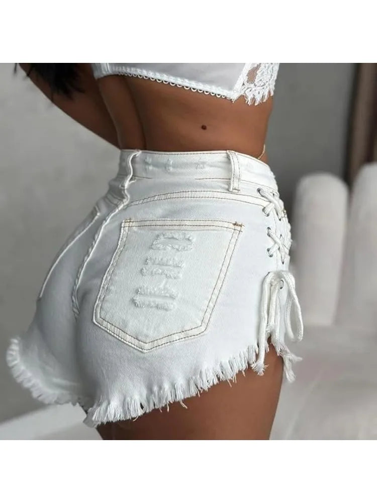 HOUZHOU Women's Cross-strap Shorts White Sexy High-Waisted Slim-Fit Denim Shorts Summer High Street Wrapped Hip Short Jeans