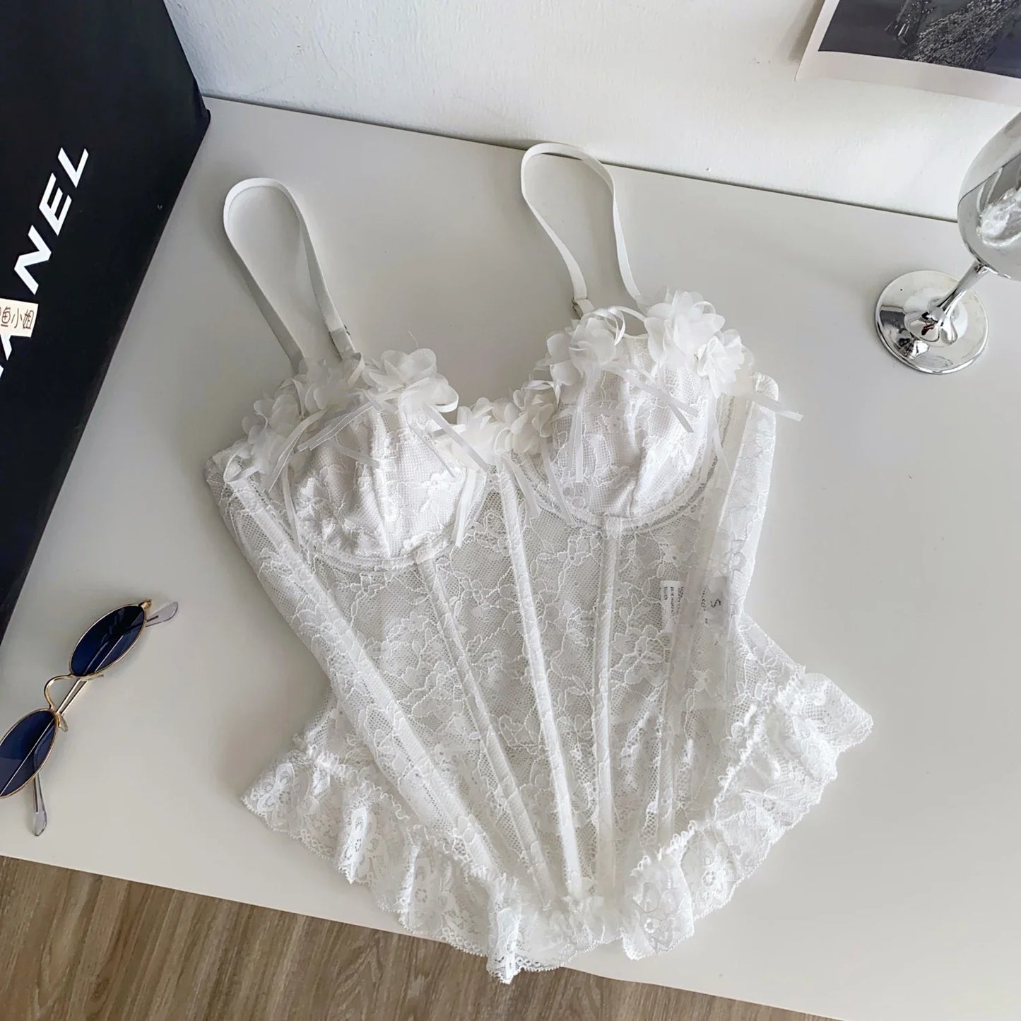 3D Floral Sexy Sheer Lingerie Top Ladies Lace Splice Bodycon Versatile Camisole French Romantic Hotsweet Corset Vest